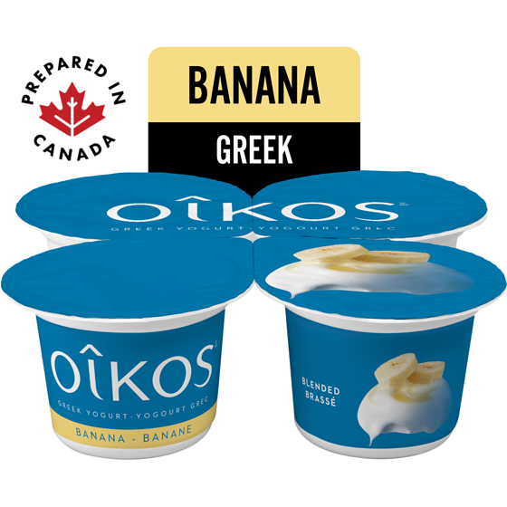 Oikos Greek Yogurt, Banana, Blended, 2% MF 4x100.0 g, $1.25/100g