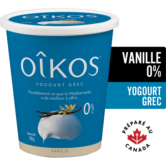 Oikos Yogourt grec sans gras, vanille, 0% M.G., brassé 750 g, 1,00 $/100g