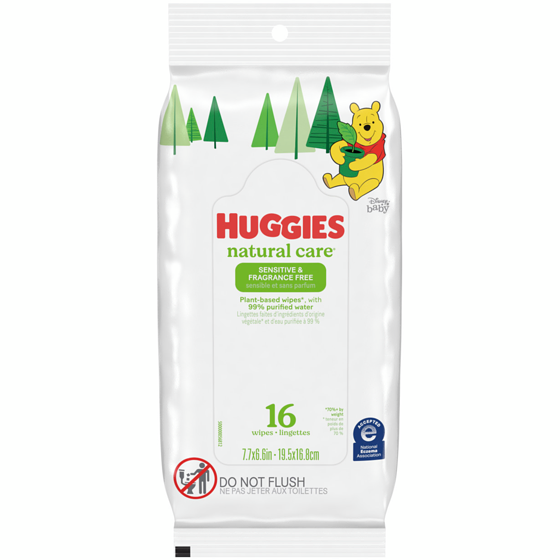 Huggies Lingettes pour bébés Natural Care pour peau sensible, NON PARFUMÉES, 1 emballage souple, total de 16 lingettes 1 ea, 0,16 $/1ch