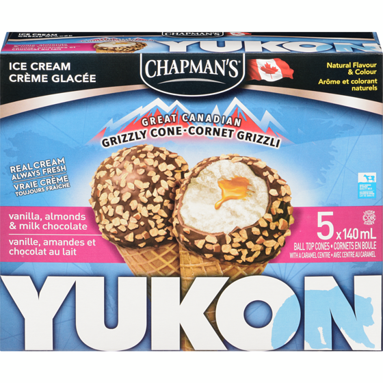 Chapman’s Yukon grizzli cornet grizzli vanille, amandes et chocolat au lait 5x140.0 ml, 0,83 $/100ml
