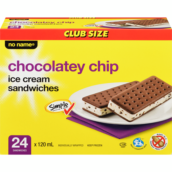 No Name Chocolate Chip Ice Cream Sandwiches Club Size 24x120.0 ml, $0.35/100ml