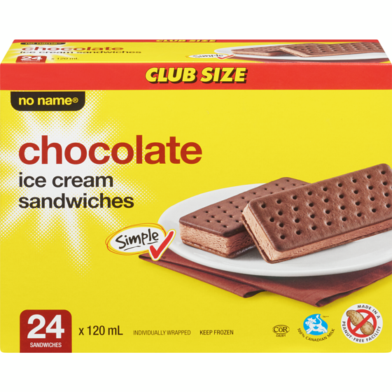 No Name Chocolate Ice Cream Sandwiches Club Size 24x120.0 ml, $0.35/100ml