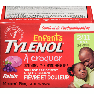 Tylenol Comprimés d’acétaminophène à croquer Enfants, Fièvre et douleur, 160 mg, Raisin 20 ea, 0,45 $/1ch