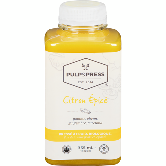 Pulp and Press Juice Co. Jus de Fruits & Légumes Pressés à Froid Citron Épicé 355 ml, 2,25 $/100ml