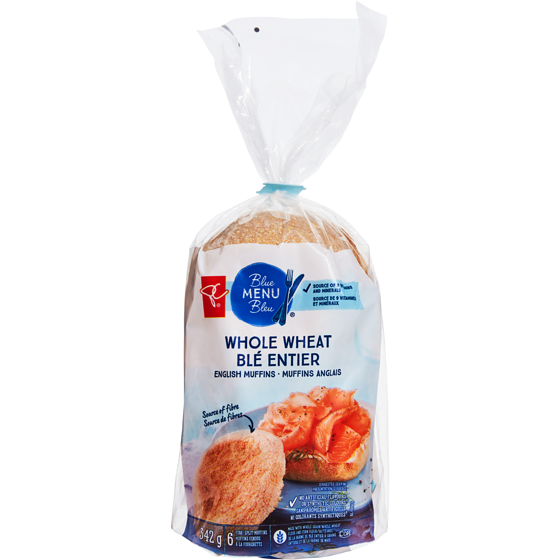 PC Menu Bleu Muffins anglais de blé entier Menu bleu 342 g, 1,11 $/100g