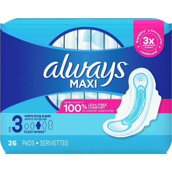 Always Serviettes hygiéniques Maxi, taille 3, extra longues super avec Flexi-Wings 26 ea, 0,50 $/1ch