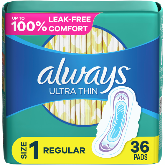 Always Serviettes féminines Ultra Thin, degré d’absorption régulier, avec ailes, pour femmes, taille 1, non parfumées, 36 serviettes 36 ea, 0,36 $/1ch