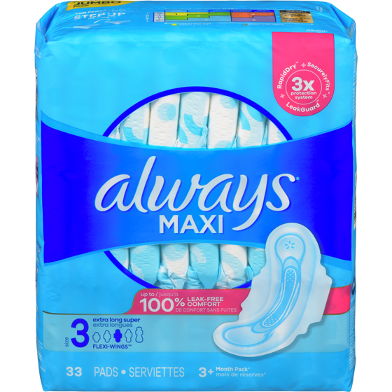 Always Serviettes hygiéniques Maxi, serviettes extra longues super 33 ea, 0,42 $/1ch