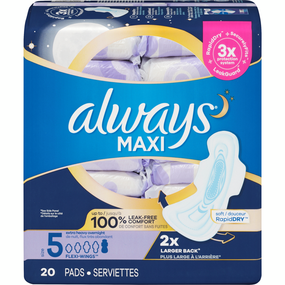 Always Serviettes Maxi, de nuit, flux très abondant, avec ailes, taille 5 20 ea, 0,65 $/1ch
