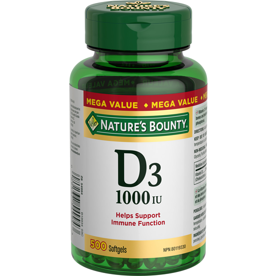 Nature's Bounty Vitamin D3, 1000 IU, Mega Value, 500 Softgels 500 ea, $0.03/1ea