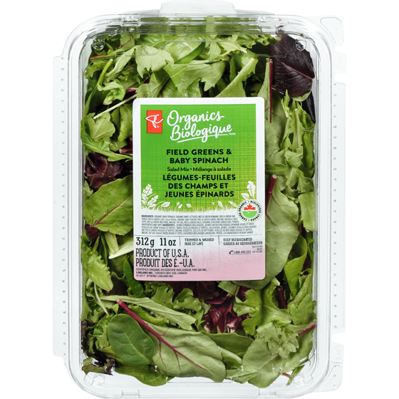 PC Biologique Mélange à salade légumes-feuilles des champs et jeunes épinards 312 g, 2,56 $/100g