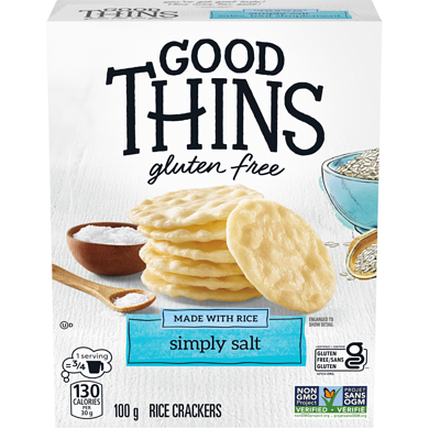 Christie Good Thins Rice Simply Salt Crackers, crackers are baked until they’re perfectly crisp for a satisfying crunch 100 g, $4.99/100g