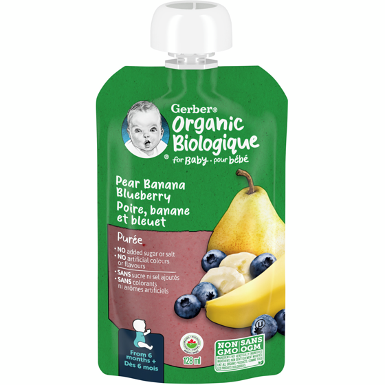 Nestlé Gerber Purée Biologique Poire Banane Bleuet Pour Bébés 128 ml, 1,55 $/100ml