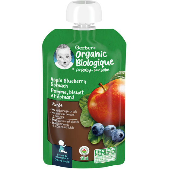 Nestlé Gerber Purée Biologique Pomme Bleuet Épinard Pour Bébés 128 ml, 1,55 $/100ml