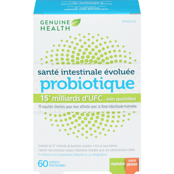 Genuine Health santé intestinale évoluée probiotique, 15 milliards d'UFC, 15 souches multiples, capsules végétaliennes à libération retardée 60 ea, 0,77 $/1ch