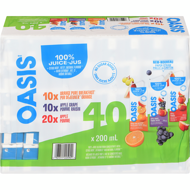 Oasis Assortiment de mélanges de jus à 100 % 40x200.0 ml, 0,27 $/100ml
