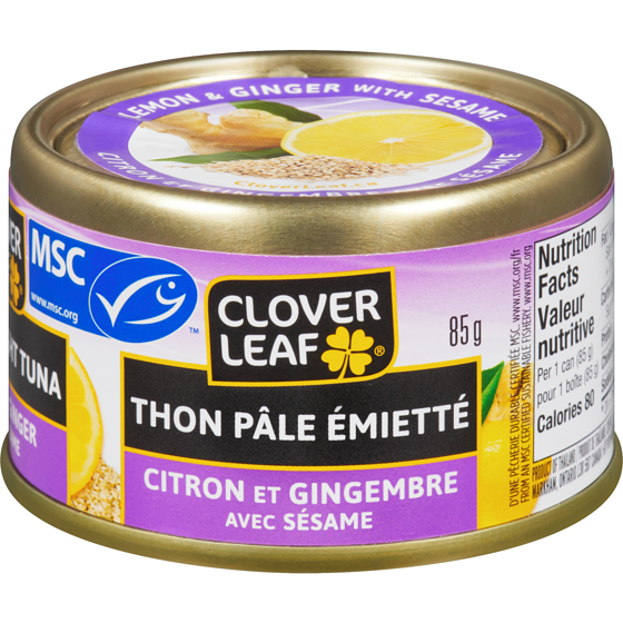 Clover Leaf Thon pâle émietté, citron gingembre sésame 85 g, 2,69 $/100g