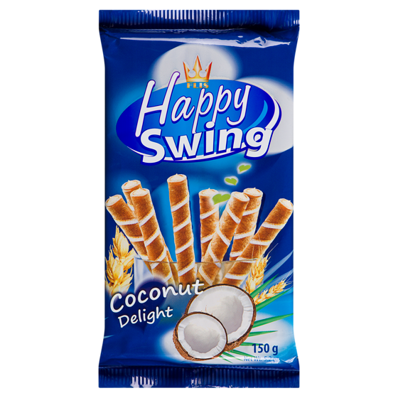 null Happy Swing Coconut Delight Wafer Rolls with Coconut Flavoured Filling 150 g, $1.19/100g