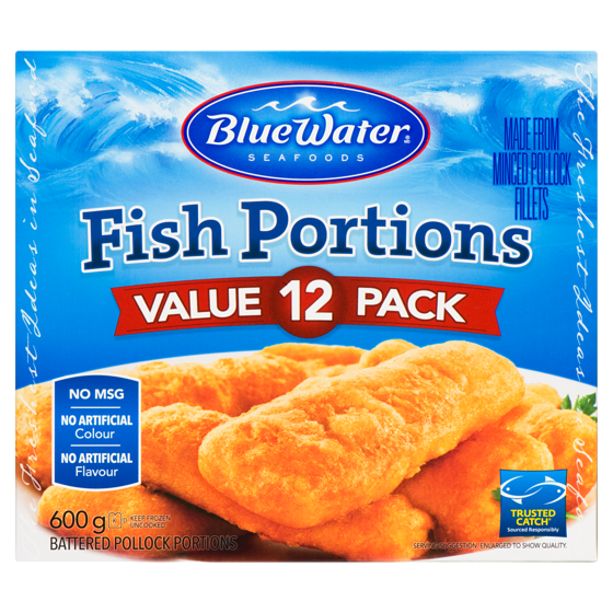 BlueWater Seafoods Portions de poisson en pâte 600 g, 1,50 $/100g