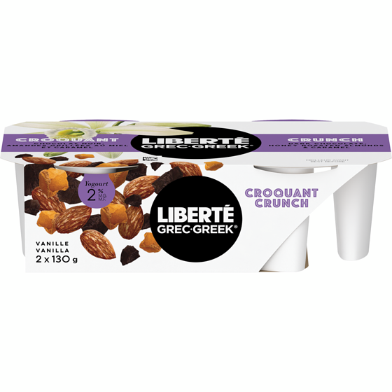 Liberte Greek 2% Vanilla Bean Yogurt Crunch Cups with Dark Chocolate, Salted Almonds, and Caramel Toppings, 130 g, 2 ct 2x130.0 g, $1.73/100g