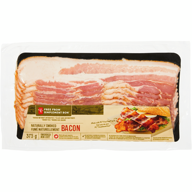 President's Choice Free From Bacon Naturally Smoked 0.375 kg, $2.67/100g