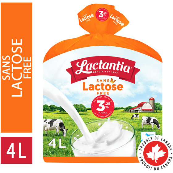Lactantia Sans lactose. lait entier 3.25 % 4 l, 0,32 $/100ml