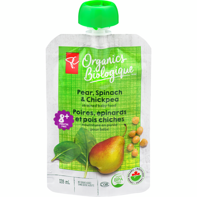 PC Biologique Purée De Poires, D’Épinards Et De Pois Chiches En Sachet 128 ml, 0,78 $/100ml