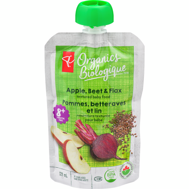 PC Biologique Purée De Pommes, De Betteraves Et De Graines De Lin En Sachet 128 ml, 0,78 $/100ml