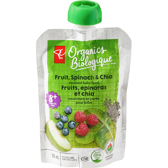PC Biologique Nourriture en purée pour bébé Biologique, fruits, épinards et chia 128 ml, 0,78 $/100ml