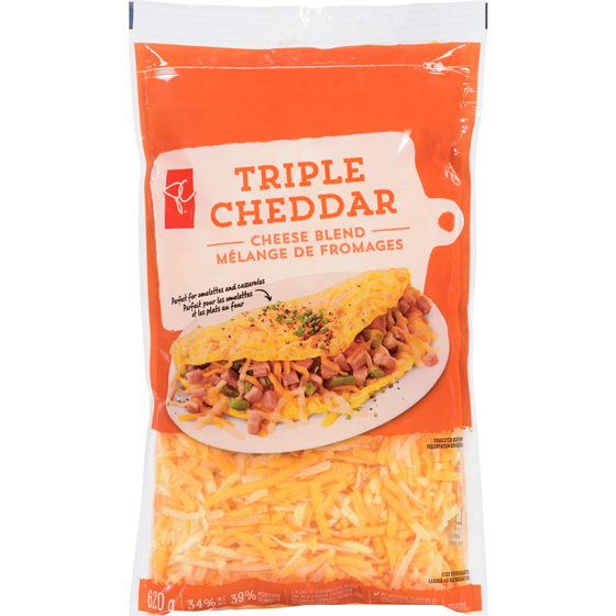 President's Choice Triple Cheddar Shredded Cheese Blend  620 g, $2.01/100g