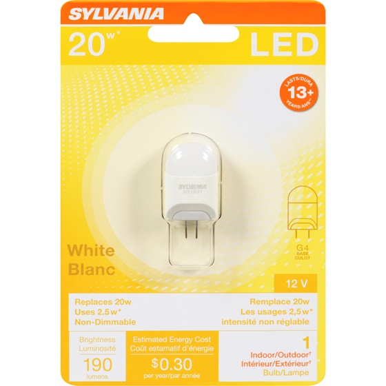 Sylvania 15000 Hour LED 2.5W G4 1 ea, $13.00/1ea