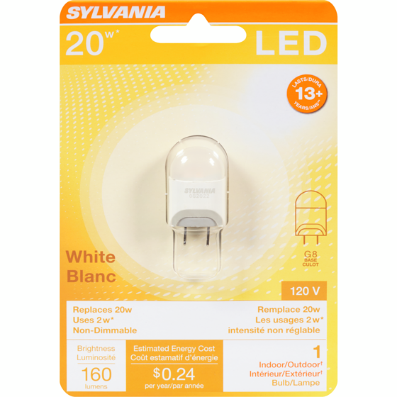 Sylvania 15000 Hour LED 2W, G8 1 ea, $13.00/1ea