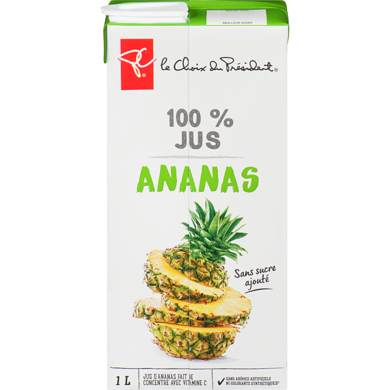 le Choix du Président Jus d’ananas 100 % 1 l, 0,25 $/100ml