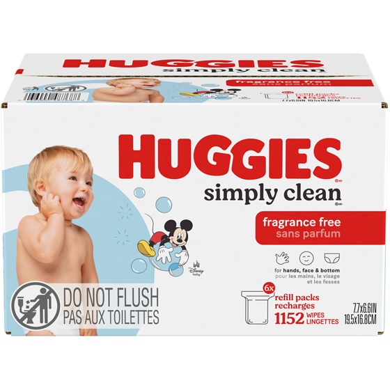 Huggies Lingettes pour bébés Simply Clean, non parfumées, 6 emballages à rechange (total de 1152 lingettes) 1152 ea, 0,02 $/1ch