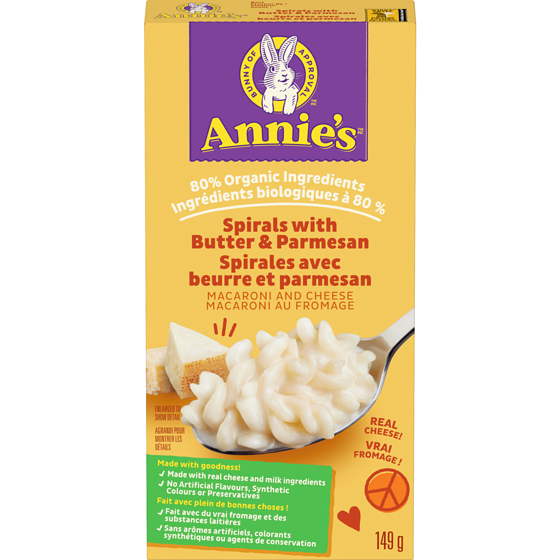 Annie's Macaroni au fromage Spirales avec beurre et parmesan 149 g, 1,24 $/100g