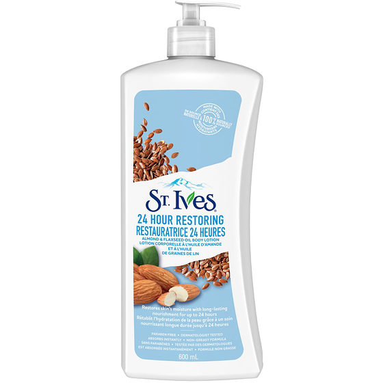 St. Ives Lotion corporelle pour peaux sèches Restauratrice 24 H Huile d'Amande et Graines de Lin avec hydratants de source naturelle à 100 % 600 ml, 1,08 $/100ml