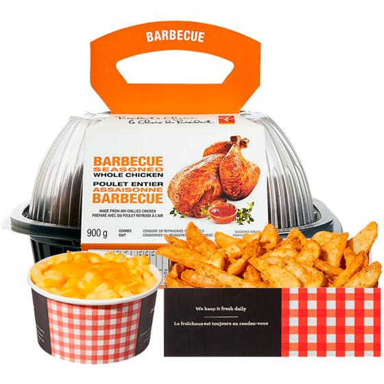 null Poulet barbecue entier avec quartiers de pomme de terre et macaroni au fromage (Disponible après 11h) 1.39 kg, 1,29 $/100g