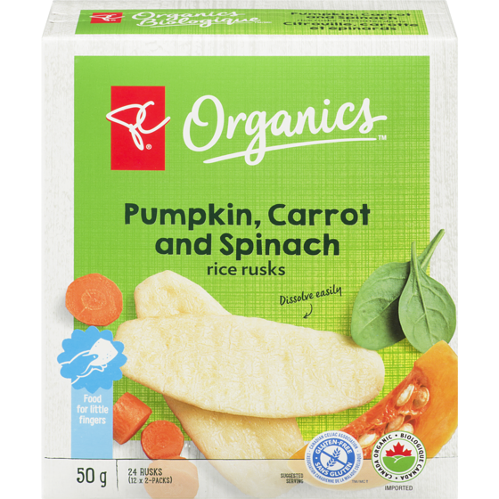 PC Organics Pumpkin, Carrot And Spinach Rice Rusks 50 g, $5.38/100g