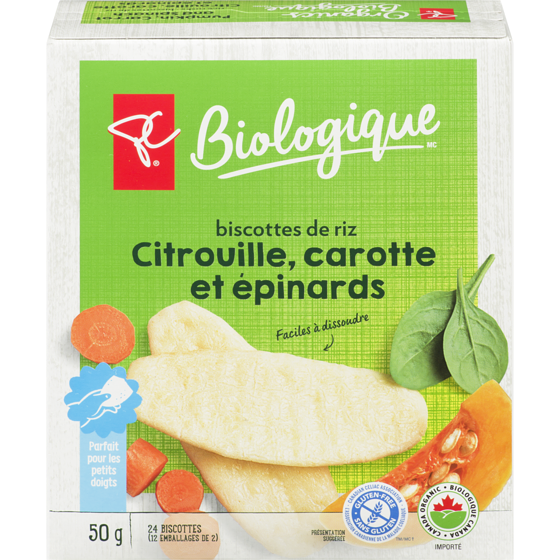 PC Biologique Biscottes de riz citrouille, carotte et épinards 50 g, 5,00 $/100g