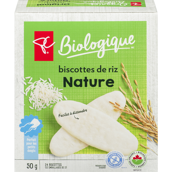PC Biologique Biscottes de riz nature 50 g, 5,00 $/100g
