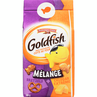 Pepperidge Farm Goldfish Mini-Craquelins Cuits au Four Mélange Cheddar Extrême + Bretzels 180 g, 1,39 $/100g