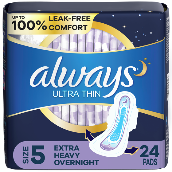 Always Ultra Thin Overnight Pads with Flexi-Wings, Size 5, Extra Heavy Overnight, Unscented, 24 Count 24 ea, $0.58/1ea