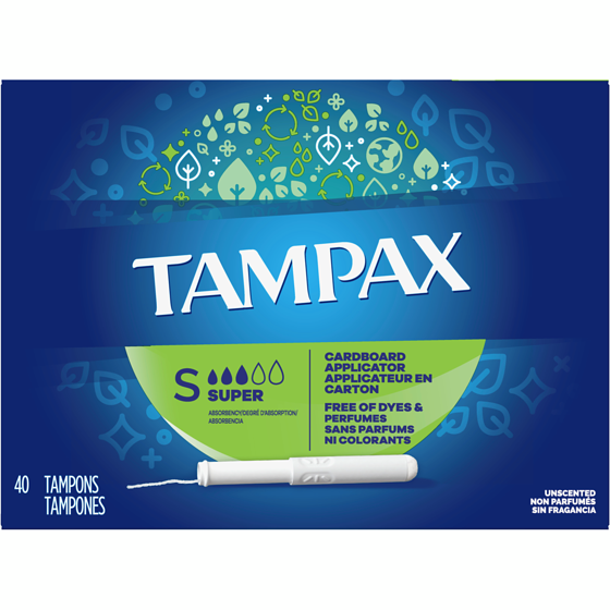 Tampax Cardboard Tampons Super Absorbency, Anti-Slip Grip, LeakGuard Skirt, Unscented, 40 Count 40 ea, $0.31/1ea