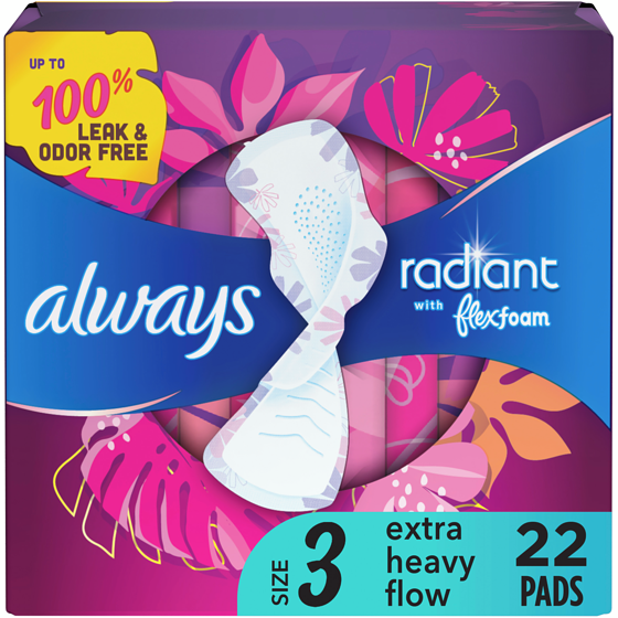 Always Serviettes Radiant, flux abondant, avec ailes, pour femmes, taille 3, parfum net et léger, 22 serviettes 22 ea, 0,59 $/1ch