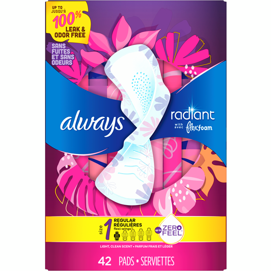 Always Serviettes Radiant avec FlexFoam, régulier, avec ailes, taille 1, 42 serviettes 42 ea, 0,38 $/1ch