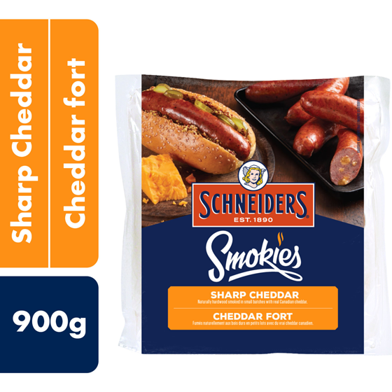 Schneiders Smokies, Sharp Cheddar Smoked Sausage 900 g, $1.78/100g