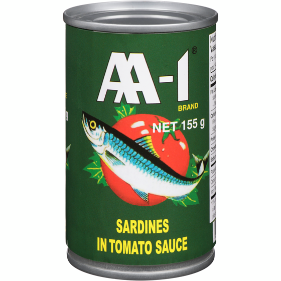 AA1 Sardines in Tomato Sauce 155 g, $0.83/100g