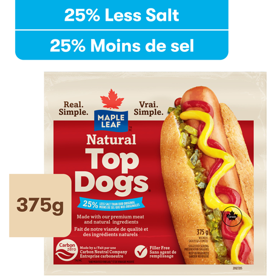 Maple Leaf Natural Top Dogs Less Salt Hot Dogs 375 g, $2.00/100g