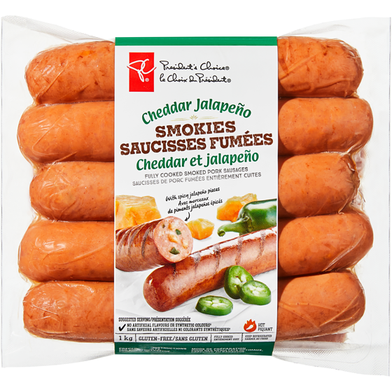 le Choix du Président Saucisses de porc fumées SmokiesMC cheddar et jalapeno 1 kg, 1,60 $/100g