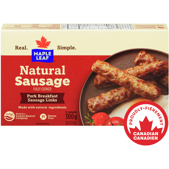 Maple Leaf Natural Pork Breakfast Sausage, Fully Cooked 300 g, $2.83/100g